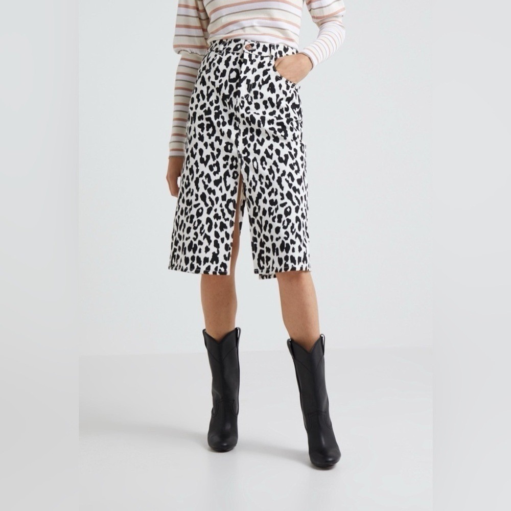 SeeByChloe Leopard Print Denim Midi Skirt White Black Animal High Waist 38 040